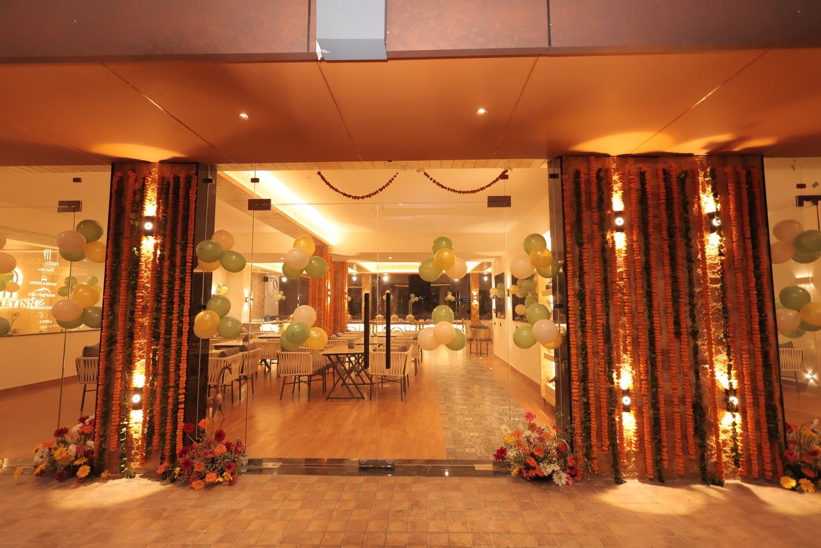 Parkley Inn entrance dressed with flowers and balloons for a celebration